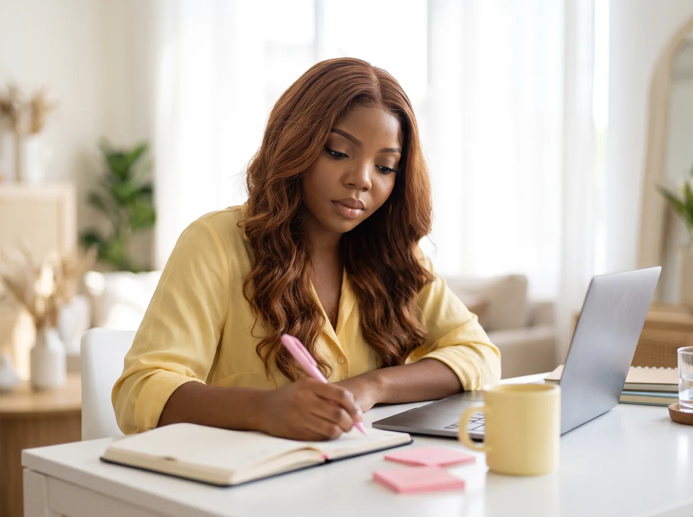 Faith writing in a notebook at her desk